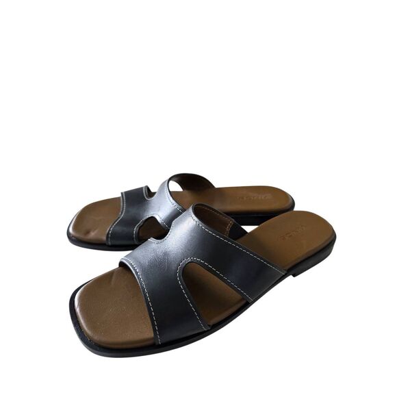 Vince Slides Size 6.5 Blsck Leather Open Toe Flats - Picture 3 of 6